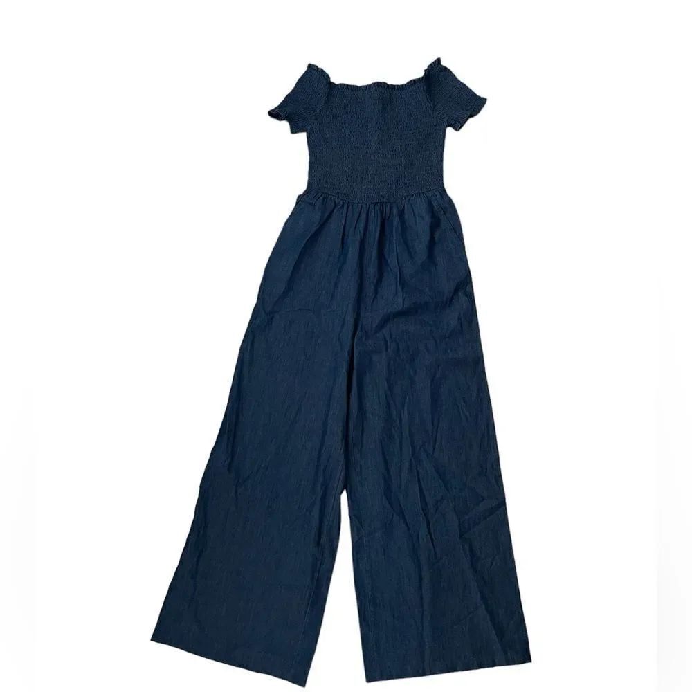 Francesca’s Blue Rain Ellison Chambray Smocked Wide Leg Denim Jumpsuit size S
